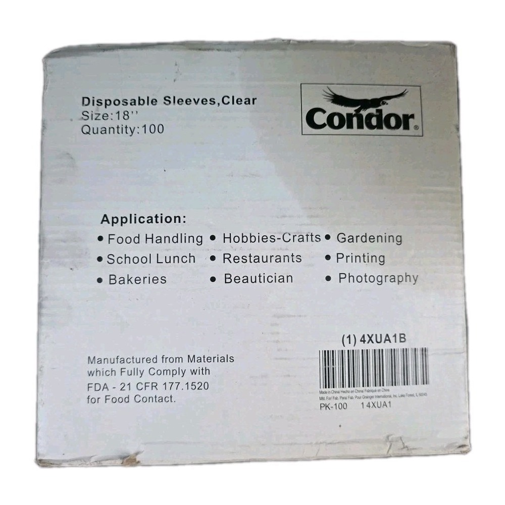NEW IN BOX Condor 100 Disposable 18 Inch‎ Clear Sleeves 4XUA1B